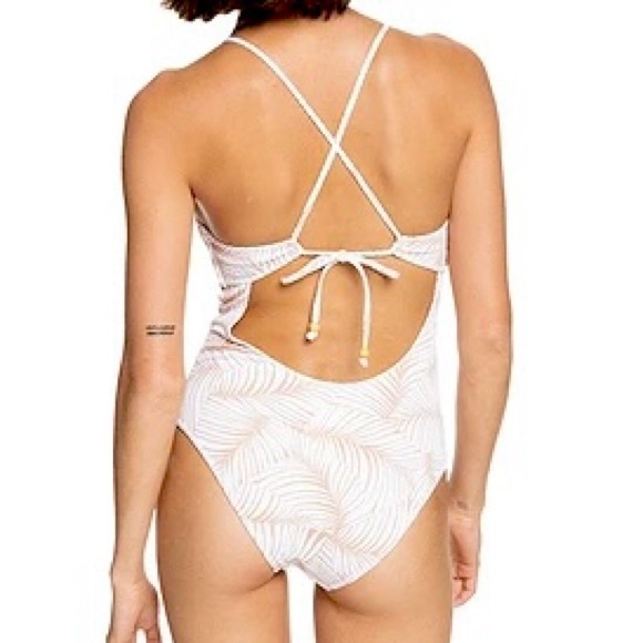 ROXY Palm Tree Dreams One-Piece Swimsuit M Open Back Tropical Ruffle Square Neck - Picture 2 of 10